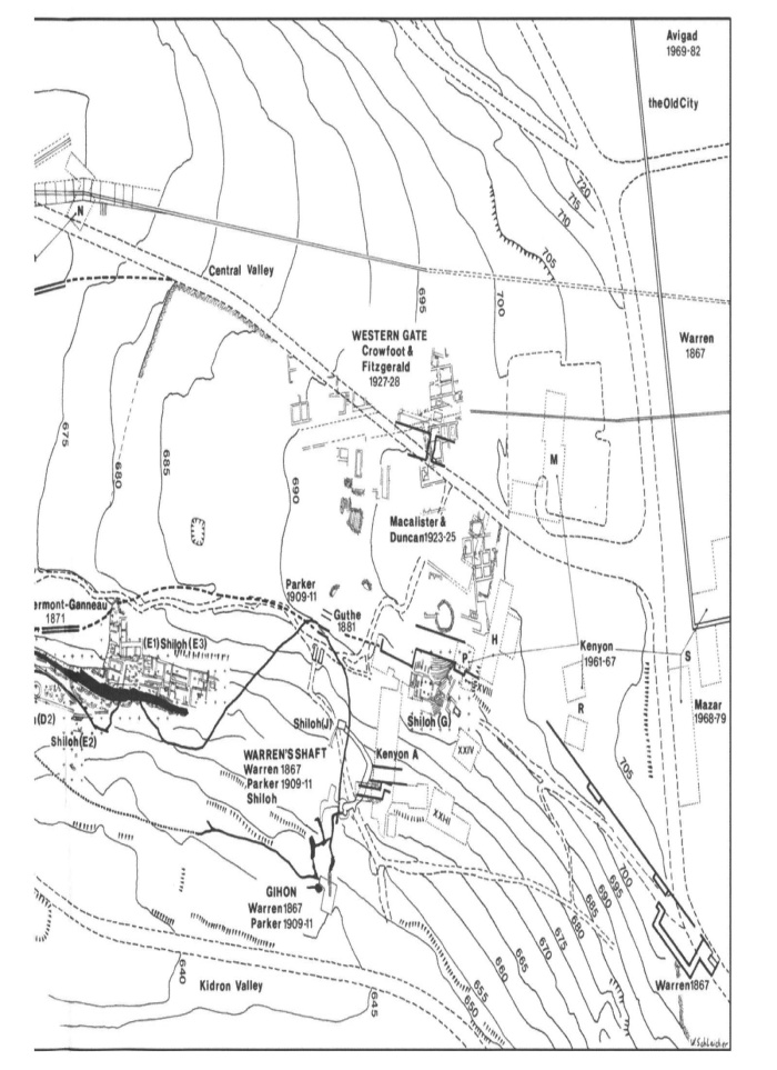 Město Davidovo s vyznačenými zkoumanými oblastmi, in: Shiloh, Y., Excavations at the City of David 1978-1985, Volume VIIA- Area E- Stratigraphy and Architecture- Plans.